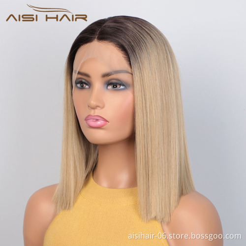 Aisi Hair Wholesale Short Ombre Blonde Dark Root Bob Wig Swiss Lace Wig Cheap Synthetic Lace Front Wigs For Black White Women